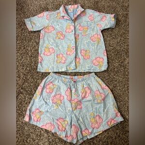 Vintage Disney Store Winnie The Pooh Blue Pink Flower Print Pajama Set